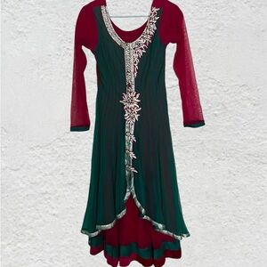 Long Sleeve Pink and Green Net Anarkali Dress